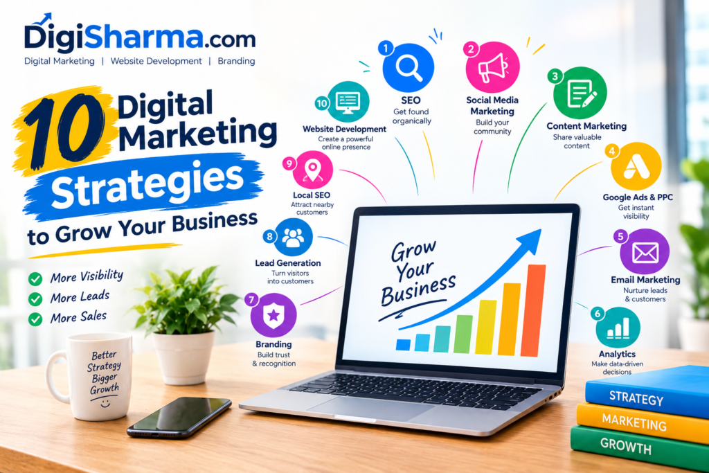 is a thumbnail for my article on "10 Digital Marketing Strategies to grow your Business"